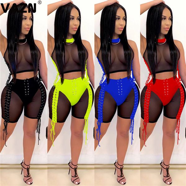 

women's tracksuits vazn 2021 summer arrival novelty club young patchwork cross bandage knee length slim women 2 piece set, Gray