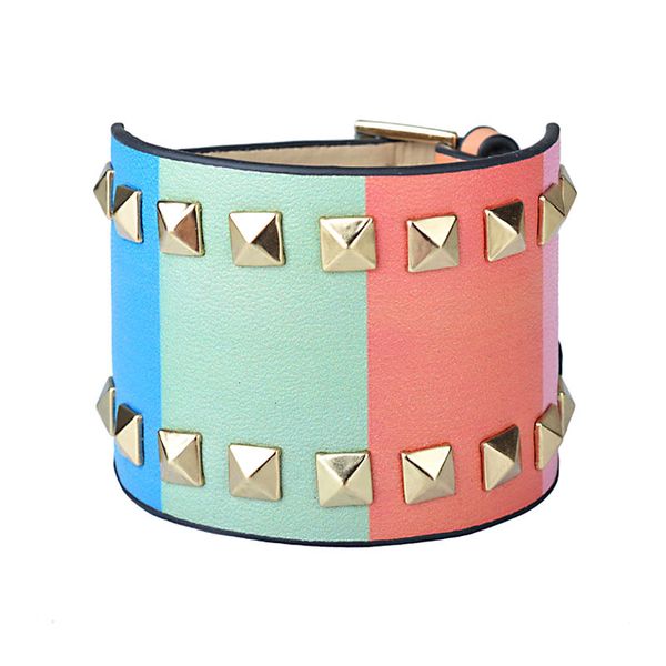 

charm multicolor wide rivet leather bracelet for women new fashion jewelry punk classic trendy new style, Golden;silver