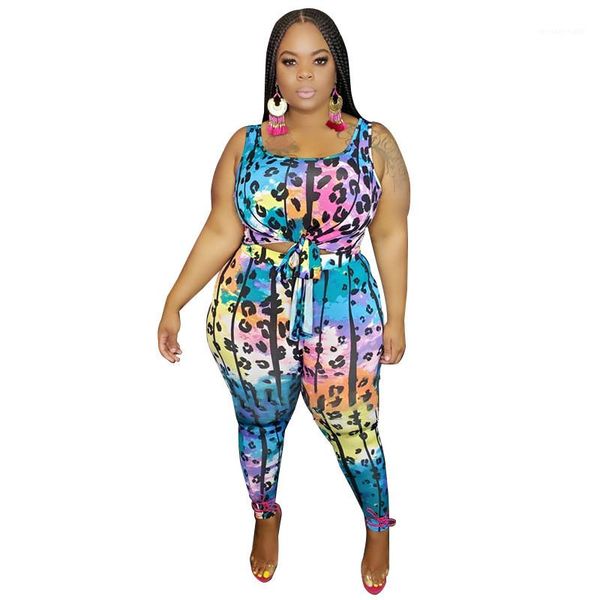 

two piece sets casual bandage designer two piece pants sleeveless crew neck womens suit fashion leopard printed, White