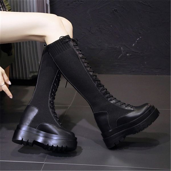 

2021 new spring boots women knee high long boots split leather fashion lace-up non-slip black sock shoes woman