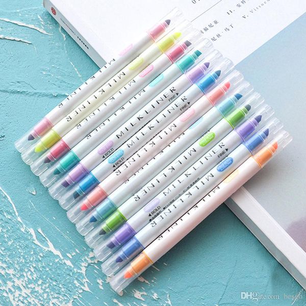 

12 pcs/set double headed highlighters stationery mild highlighters pens colored drawing painting highlighter art marker pens dh1197 t03, Black;red