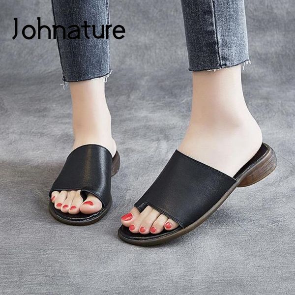 

johnature genuine leather summer women slippers sewing flat with slides women shoes handmade 2020 new concise ladies slippers, Black