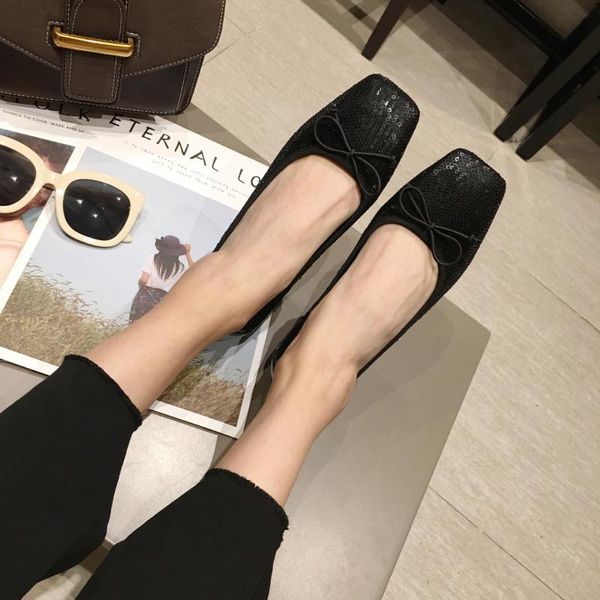 

flats women 2020 new style slimming square toe shallow mouth solid color large size female flat butterfly-nkot women shoes, Black
