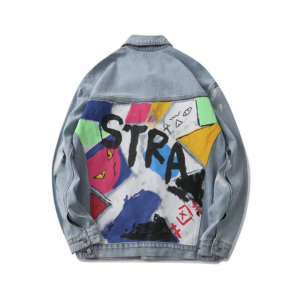 

hip hop denim jacket men patchwork graffiti splas painting printed streetwear vintage jeans fashion korean moto jacket coat, Black;brown