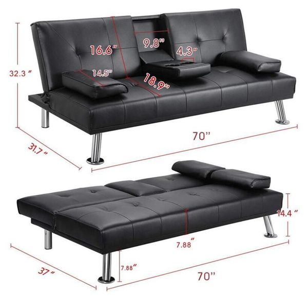 

us stock, black convertible sofa bed with armrest / 2 cup holders/metal legs recliner couch home furniture w36814055