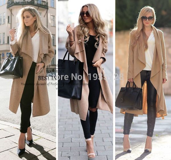

elfstyle bloggers fashion new camel color handmade wool long trench with big pointed lapels drop shoulder coat belted, Tan;black
