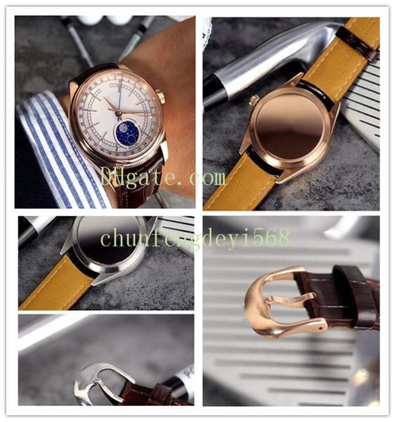 Relógio de luxo 39 milímetros Brown Leather Strap White Dial moonphase 50535 Rosa de Ouro 18K Minty mecânico automático Moda Masculina Relógios