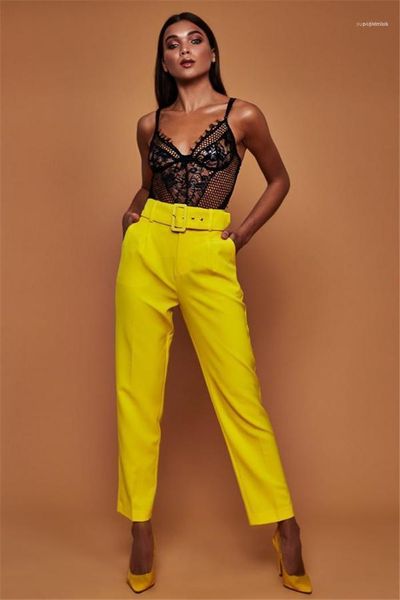 

capris pants high waist fashion pants candy colors solid womens suit pants with sashes straight, Black;white