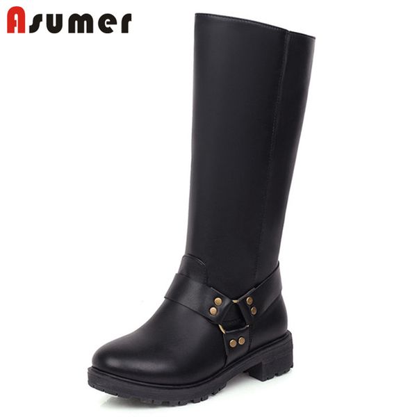 

boots asumer 2021 fashion mid calf women round toe pu rivet low heels casual shoes ladies autumn winter riding woman, Black