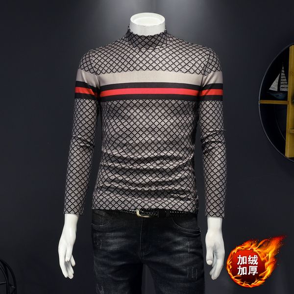 

warmth and autumn shirt bottoming in trend long-sleeved t-shirt plus velvet winter size slim thickening high-neck printing big men's to, Black