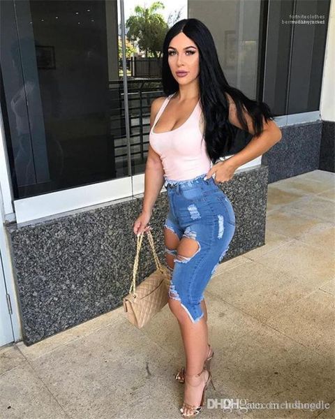 

женская брюки женской одежды sexy заусенцы hole мытого женские джинсы с молнией светло-голубой рваными capris, Blue