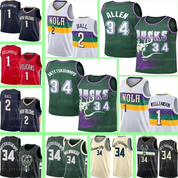 

retro giannis 34 antetokounmpo jerseys milwaukee buck zion 1 williamson ray 34 allen lonzo 2 ball basketball jerseys, Black;red