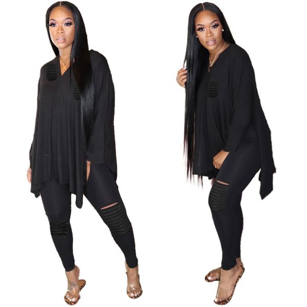 

autumn womens designer tshirt suits solid color hole long sleeve v neck casual suits womens clothing 2 piece set, White