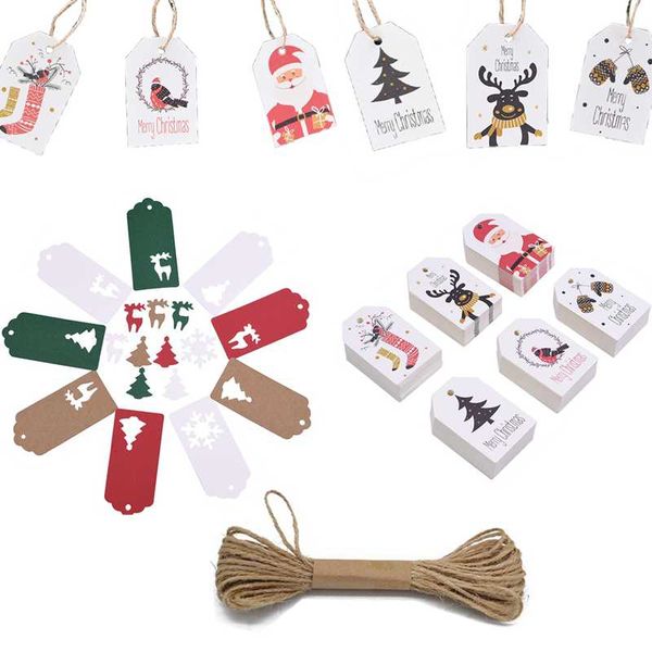 

christmas decorations 50pcs kraft paper labels jute rope multi style elk xmas tree hanging tag diy crafts year party gifts wrapping deco