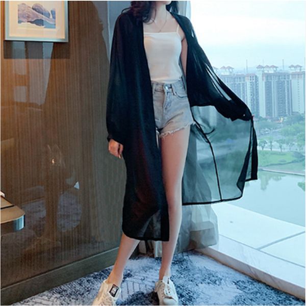 

2020 summer sun protection clothing loose women cardigan long sleeve chiffon outerwear thin solid color v-neck cardigan, Tan;black