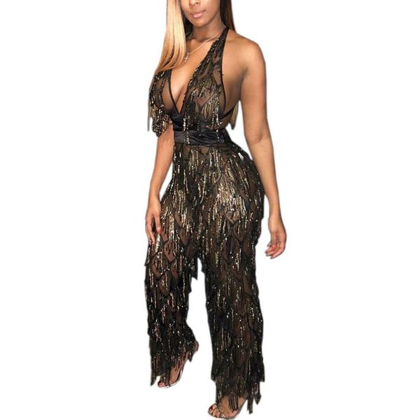 

women's jumpsuits & rompers sequins tassels mesh overalls for women deep v neck backless wide leg pant jumpsuit elegant sleeveless pers, Black;white