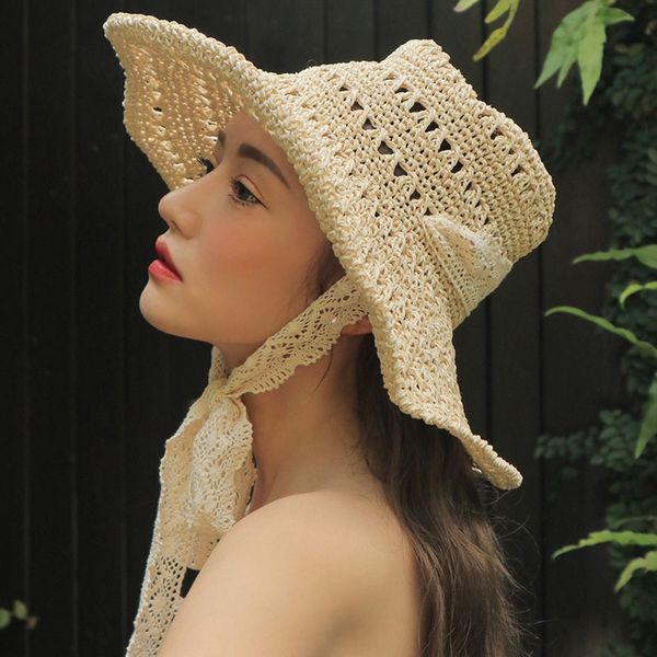 

2020 summer women straw hats casual lace streamer hats women beach big brim sun collapsible chapeu feminino caps, Blue;gray