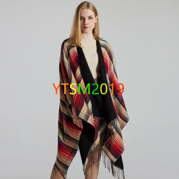

color plaid scatf cape coat women's tassel cloak imitation cashmere warm shawl coat loose tippet casual outerwear fashion mantle, Black