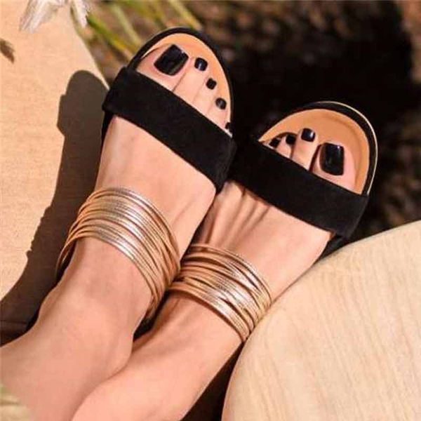 

dropshipping summer woman gladiator flat suede slippers women's shoes ladies metal female plus size slippers beach shoes new, Black