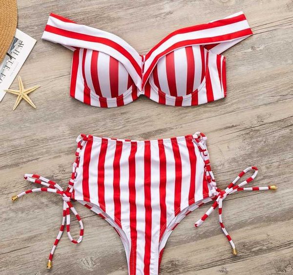 

misswim high waist bikini 2020 striped push up swimsuit female swimwear off shoulder bathing suit women lace up bikini0698, White;black