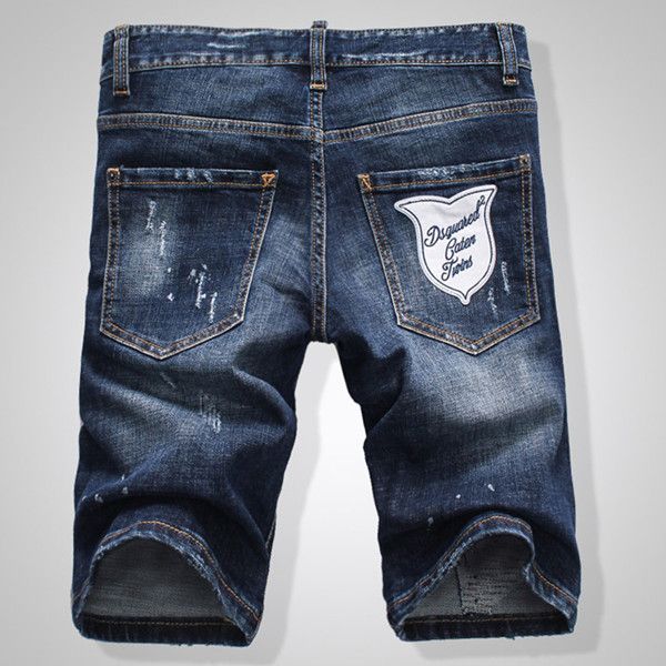 

fashion men's slim jeans embroidery patch denim shorts slim tailored distressed summer short jeans, european and american men's su, Blue