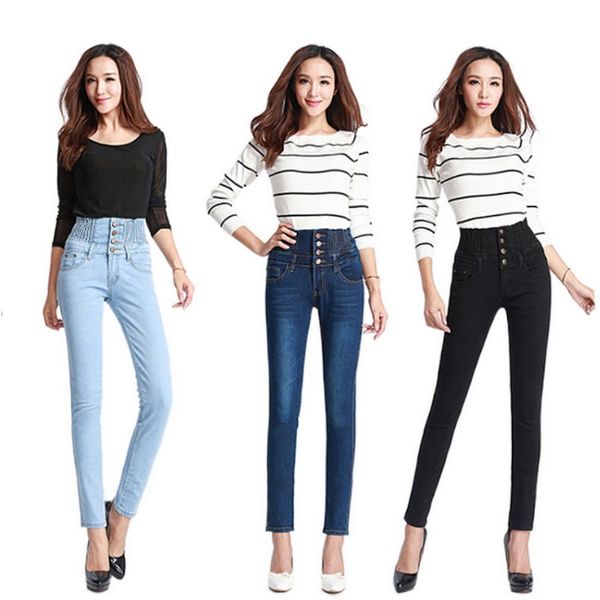 

women's pants & capris high waisted jeans autumn winter breasted increase size elastic waist solid color fashion women small feet long, Black;white