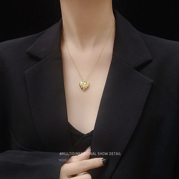 

vintage gold color heart pendant necklace with cubic zirconia bohemian stainless steel chain necklaces collar new design jewelry, Silver