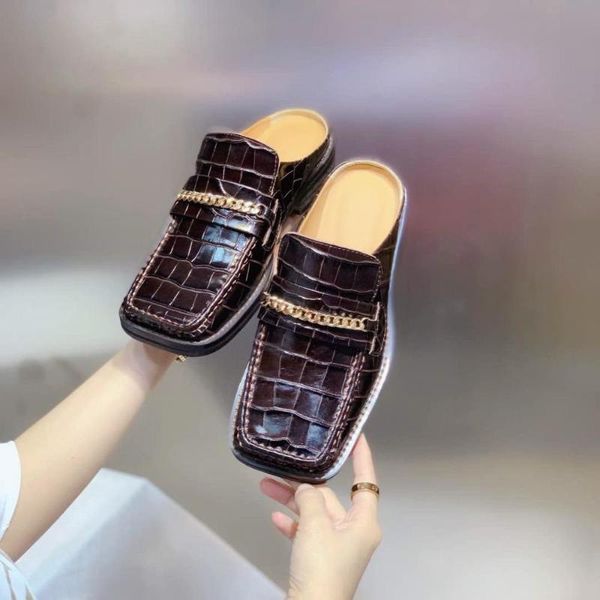 

woman slippers retro shoes women comfort women shoes fashion genuine leather square head woman chain decor slippers, Black