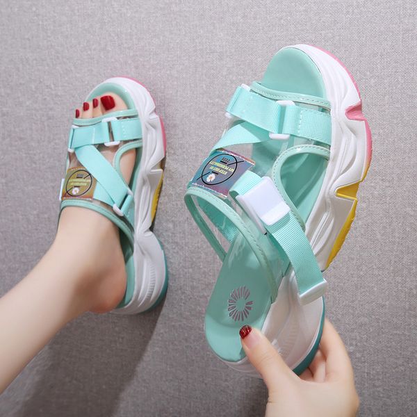 

summer women chunky slippers rainbow platform shoes beach shoes female thick sole slipper wedges slides flip flops 8171g, Black