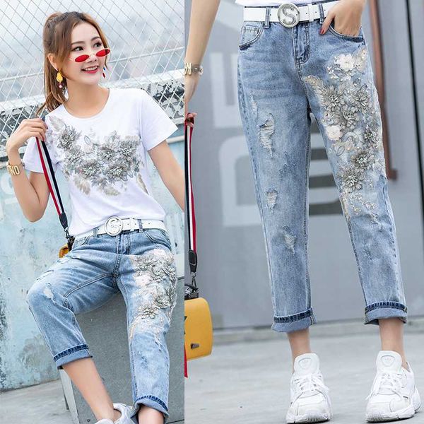 

2020 new style women 3d flower t-shirts jeans sets appliques embroidery tshirts+holes jeans pants costumes suits, Gray