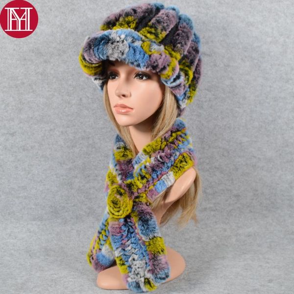 

beanie/skull caps 2021 fashion lady windproof 2 pieces sets real rex fur hat scarf cap scarves neckerchief hats, Blue;gray