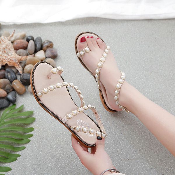 

sandals women 2020 summer new korean version of pearl ladies flat bottom all-match flip-flop roman net red women sandals, Black