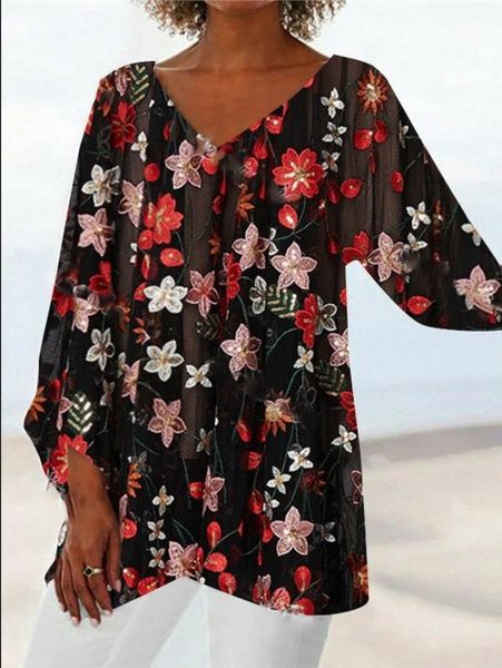 

floral v-neck womens designer t-shirt summer loose irregular length women t shirt casual sell women, White