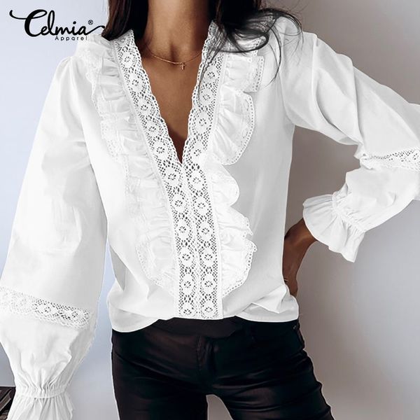 

celmia fashion women ruffles blouse long sleeve v-neck casual shirts loose hollow female work party blusas femininas s-5xl, White