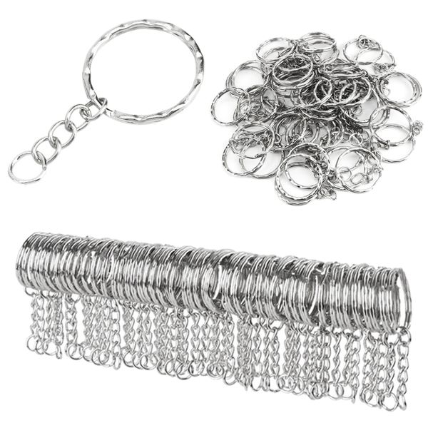 

100 pcs/lot dia 25mm polished keyring keychain split ring with short chain key rings women men diy key chains accessories, Silver