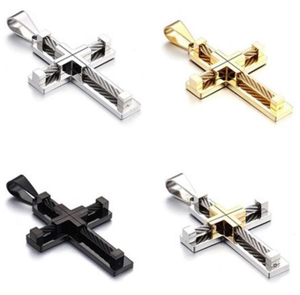 

gold /black stainless steel wire chain cross crucifix pendant religions mens jewelry no chain, Silver