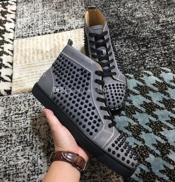 

original box,eu 35-46] luxurious red bottom men,women spikes sneakers high outdoor rivets casual louisflat with walking party shoes, Black