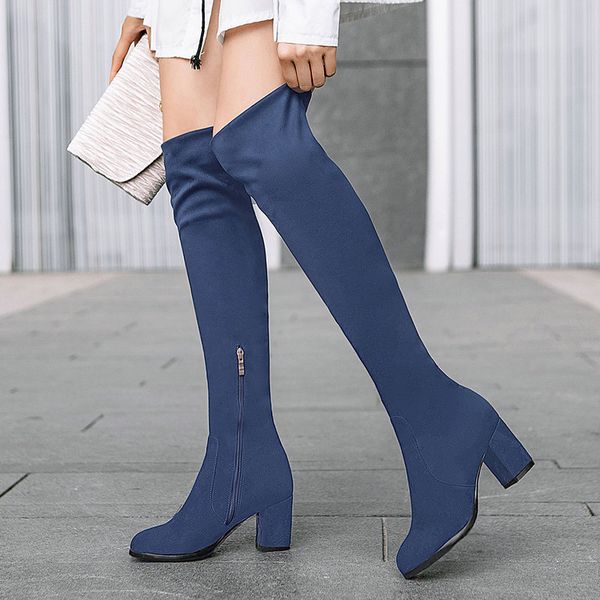 

boots faux suede fashion knee high women's winter thick heels long round zipper spring autumn shoes woman, Black
