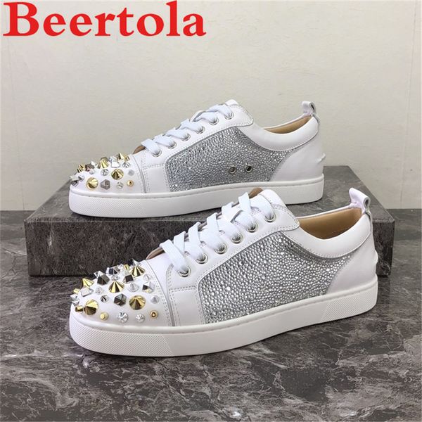 

leather men's casual shoes low flats shoes men crystal spikes designers new leisure masculine lace up chaussures femme, Black