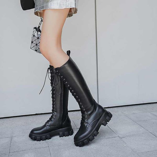 

women cowboy knee boots punk boots square heels shoes lace up winter warm shoes low thick booties, Black