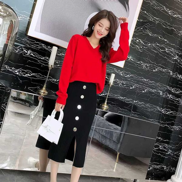 

make new winter sweater suits red v-neck sweater knitted skirts wrapped skirt two-piece women, White;black