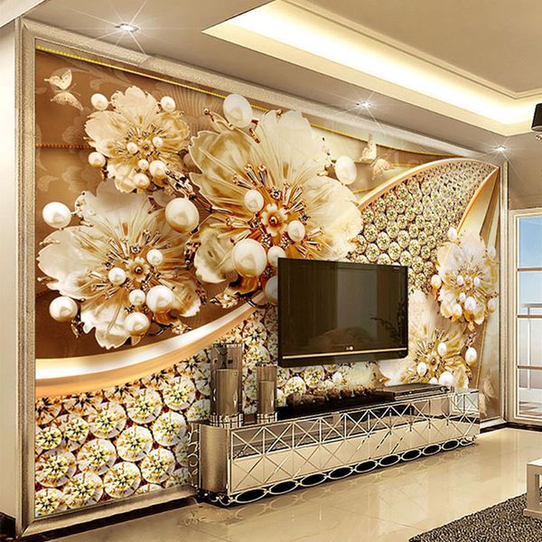 

custom p wallpaper 3d embossed gold jewelry flower mural european style living room tv background wall painting luxury decor