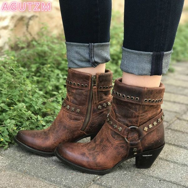 

women ankles boots women's rivet retro zip pointed toe shoes female autumn winter high heels 2020 woman footwear ladies big size, Black