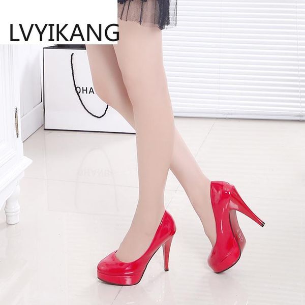 

ladies high heels fashion classic patent leather high heels ladies nude color round head stiletto wedding shoes large size 34-42, Black