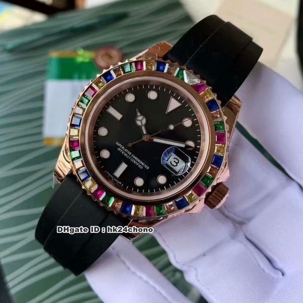 

super n v8 904l 40mm rose gold rainbow gem-set bezel 116695sats eta2836 28800vph autoamtic mens watch black dial rubber strap gents watches, Slivery;brown