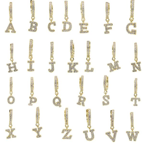 

hoop & huggie moflo clear cz 26 initial charm circle dangle drop earring name letter alphabet earrings 1 piece gold silver color for woman, Golden;silver