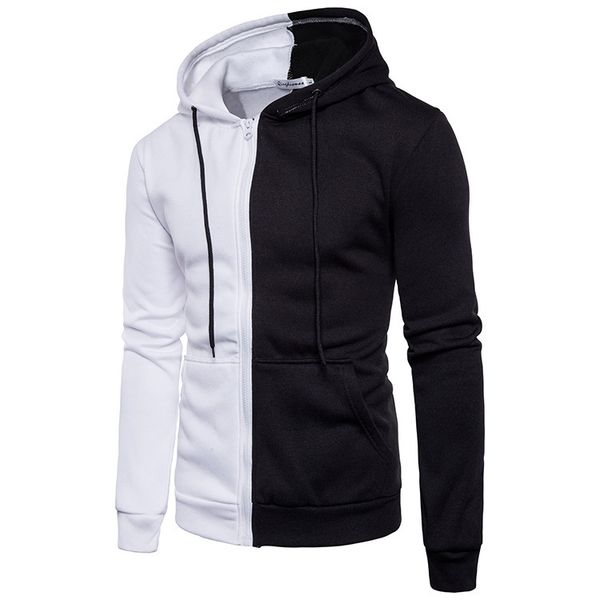 

zhijing casual men's hooded hoodies men's color matching zipper men hoodies, Black