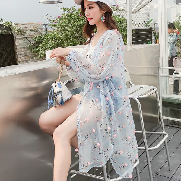 

3d flowers ultra-thin beach chiffon sunscreen floral printed jacket hooded perspective coat long sleeve cardigan irregular, Black;brown