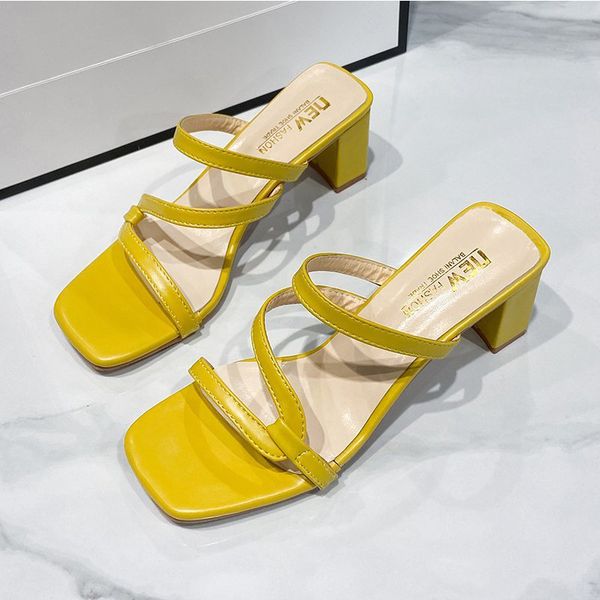

black green yellow high heels slippers women slip on sandals 2020 summer leather strappy shoes woman square toe designer slides
