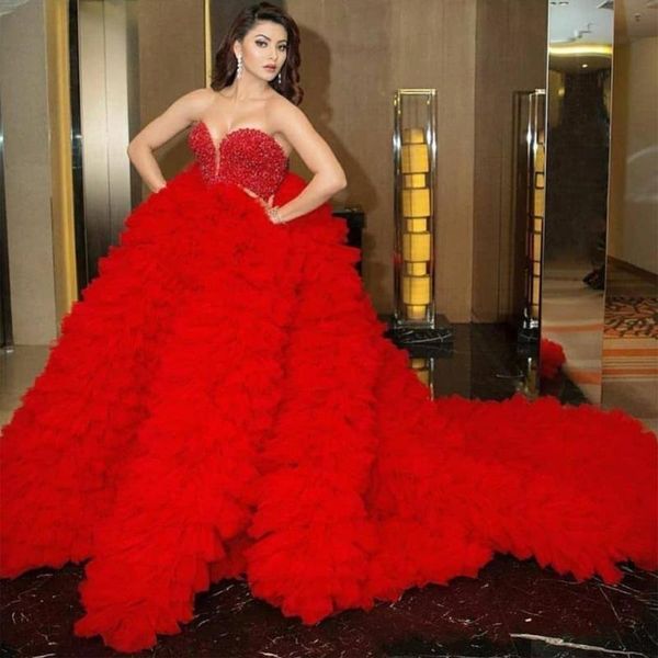 

gorgeous red tier prom dresses with beaded sequined ruffles skirt vestidos red carpet runaway gowns beading evening dresses woman party gown, Black;red